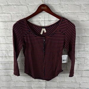 Free People Navy and Red Striped Blouse